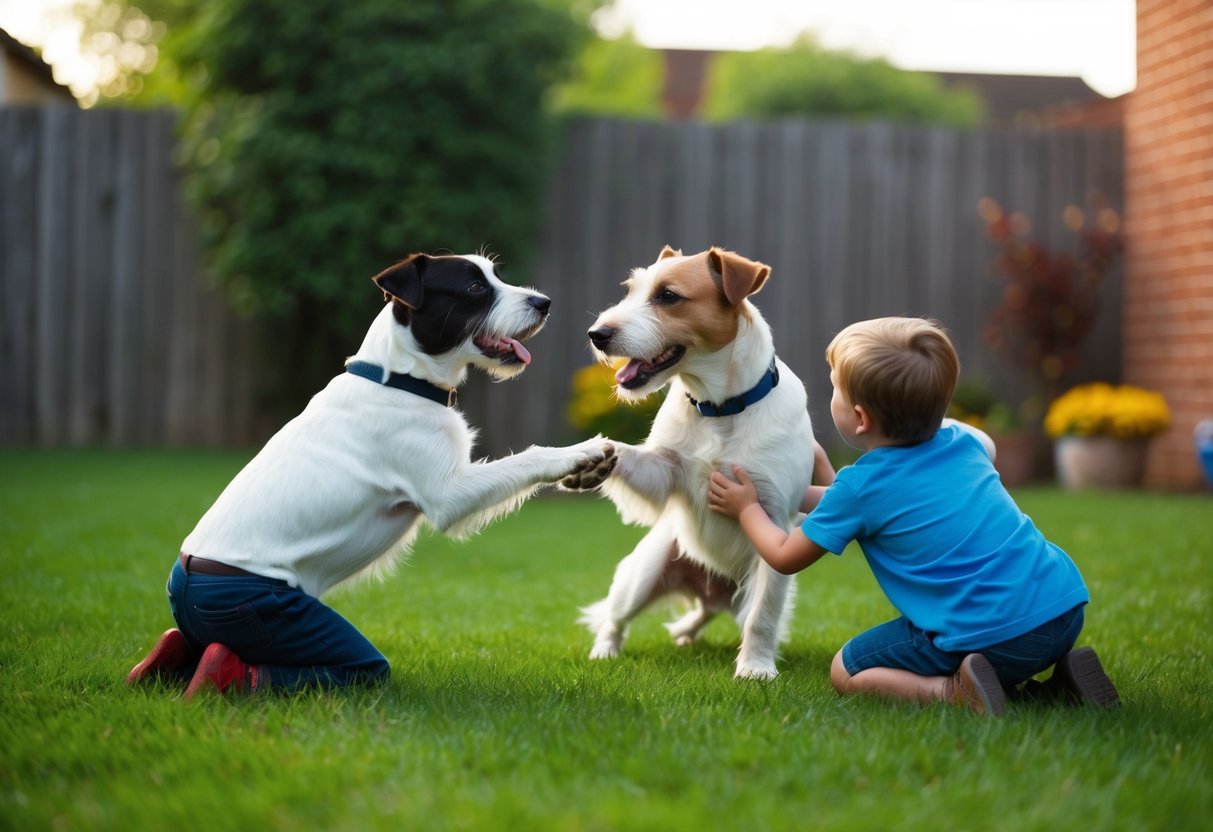Two border terriers playing with children in a backyard, showing affection and obedience
