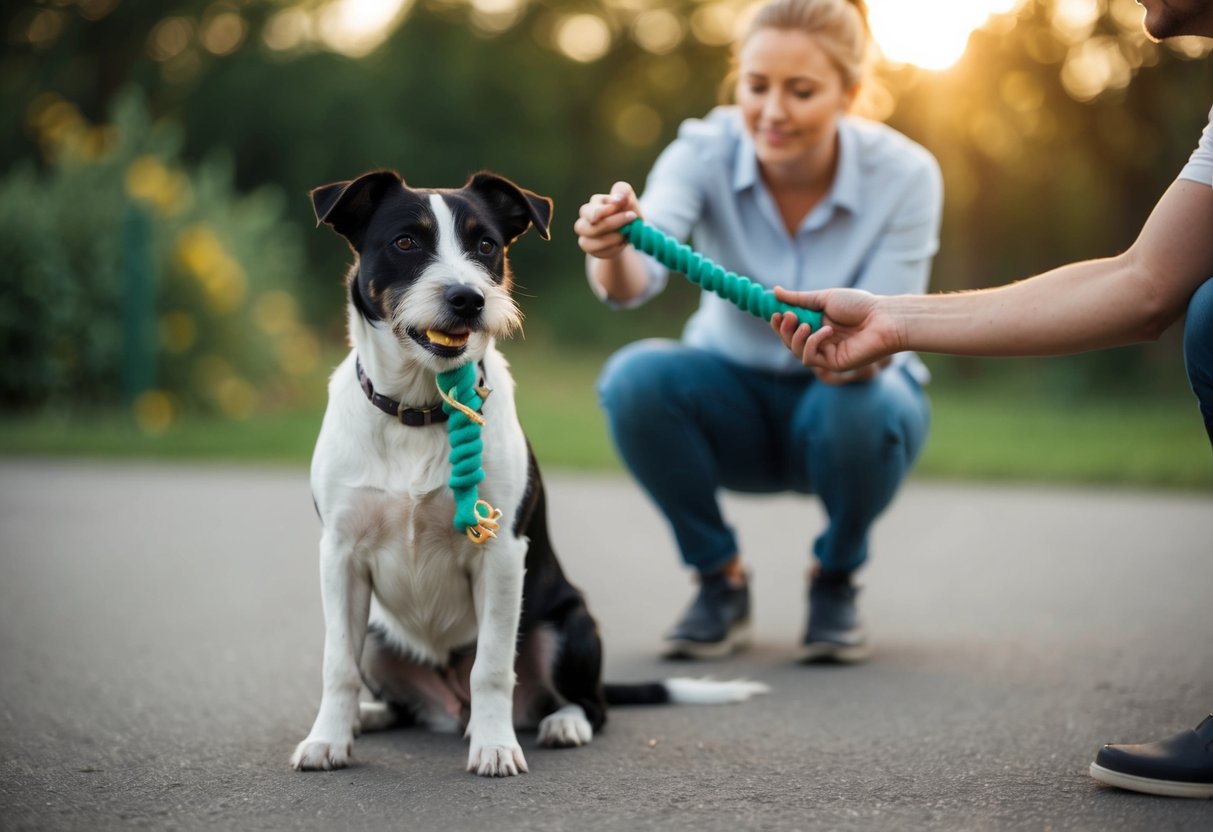 A border terrier sits quietly with a chew toy, while a person gives it positive reinforcement for being calm