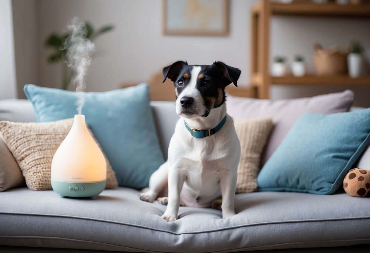 A border terrier sits calmly in a cozy living room, surrounded by soft cushions and toys. A calming diffuser emits a soothing scent, while gentle music plays in the background