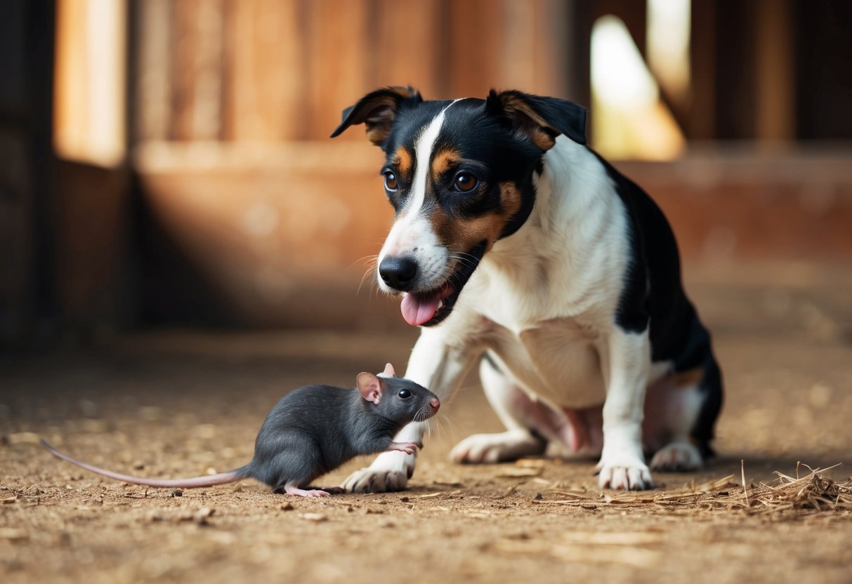 A border terrier catches a rat in a barn