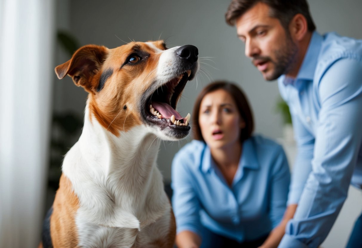 A border terrier barking incessantly, while a frustrated owner looks on, seeking professional help