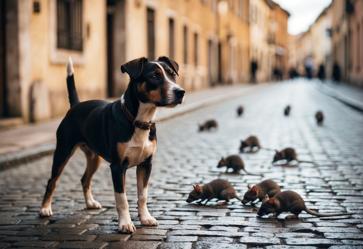 A border terrier stands alert in a historical setting, surrounded by old buildings and cobblestone streets. It glances at a group of rats scurrying in the distance