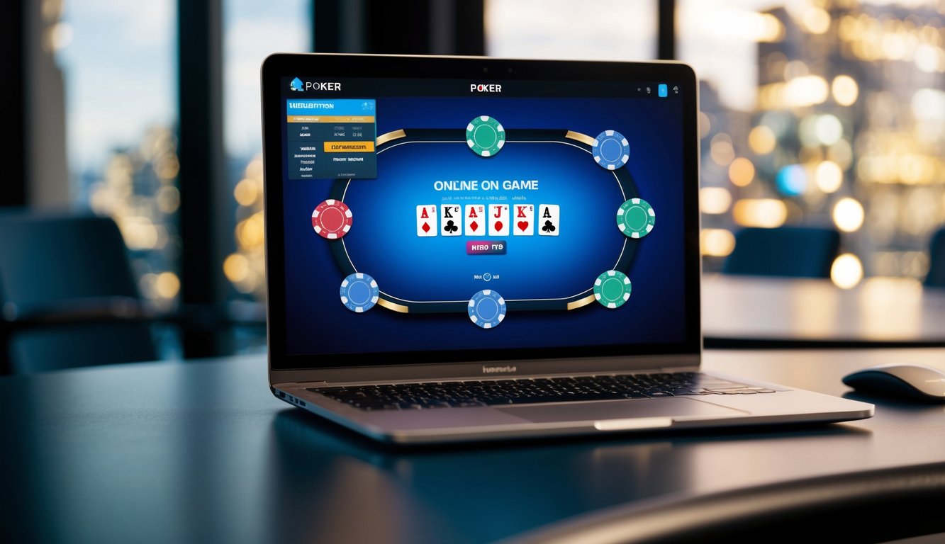 Sebuah perangkat digital yang menampilkan antarmuka permainan poker online dengan chip dan kartu virtual di atas meja yang ramping dan modern