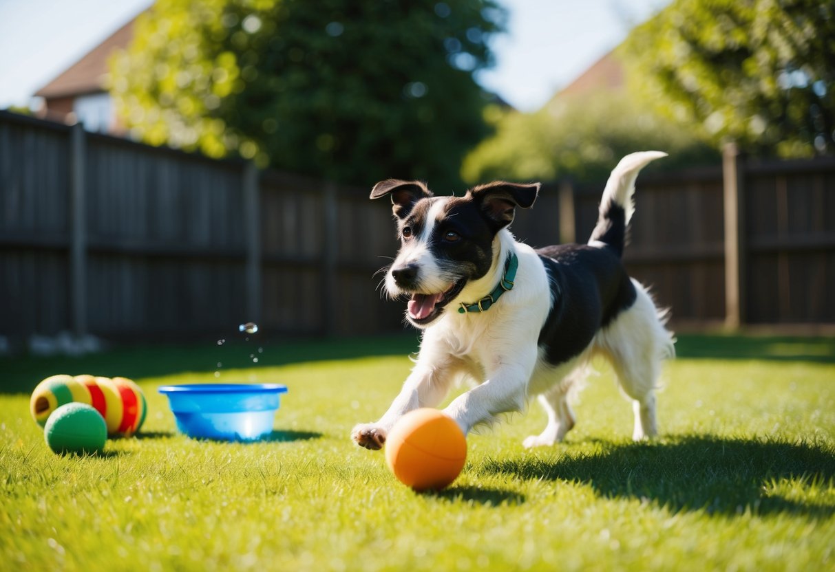 A border terrier playing fetch in a sunny backyard, surrounded by toys and a water bowl