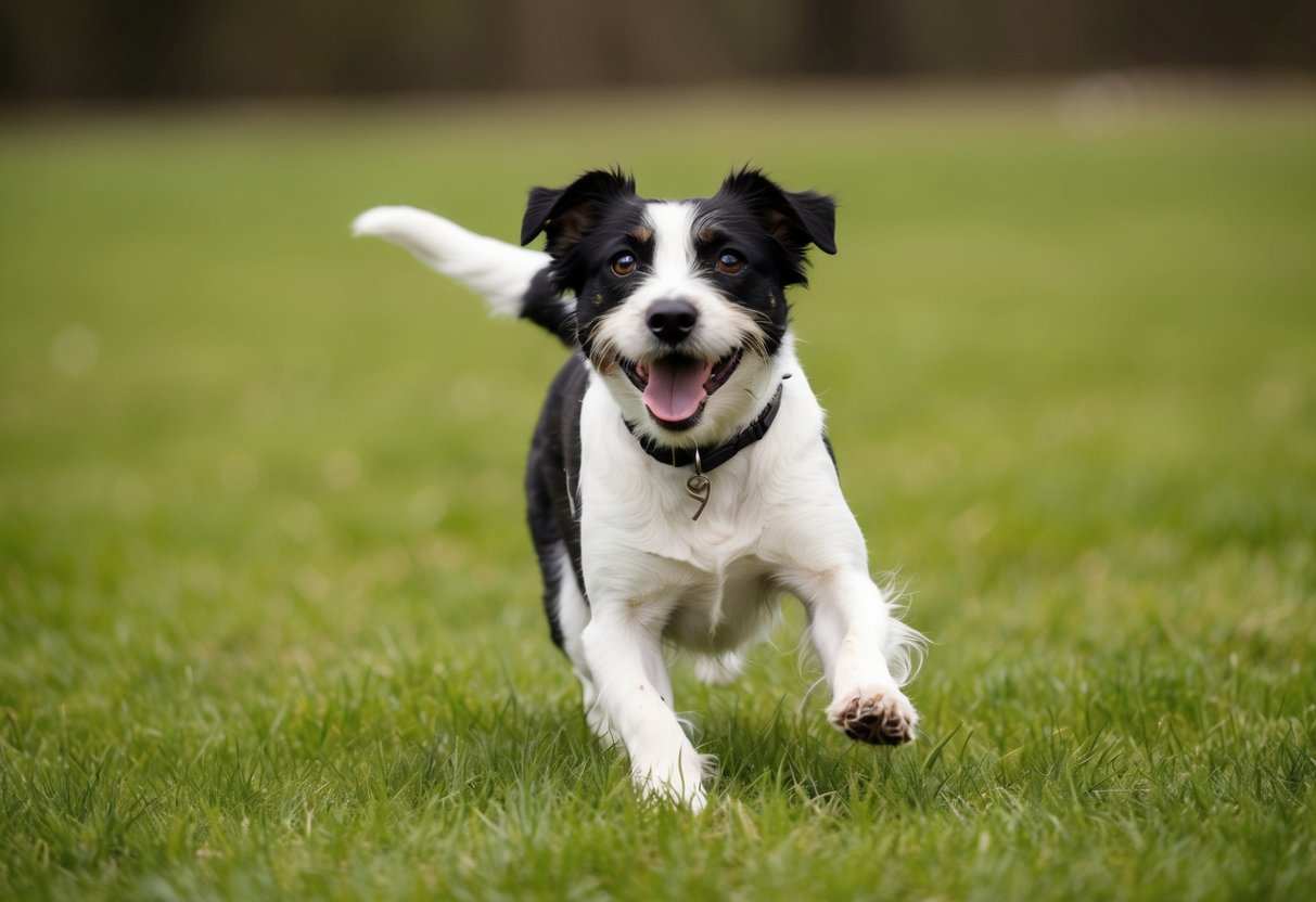 A Border Terrier playing in a grassy field, with a friendly expression and wagging tail