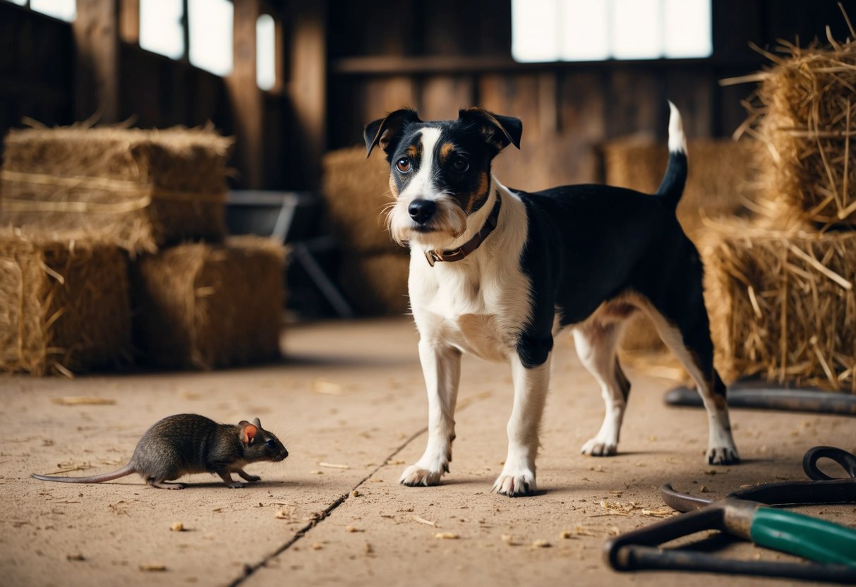 A border terrier stands alert in a barn, surrounded by hay bales and scattered tools. A rat scurries across the floor, and the terrier crouches, ready to pounce