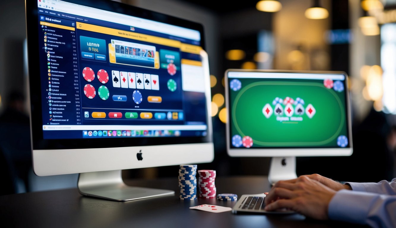 Sebuah meja dengan chip poker, kartu, dan layar komputer yang menampilkan permainan poker online