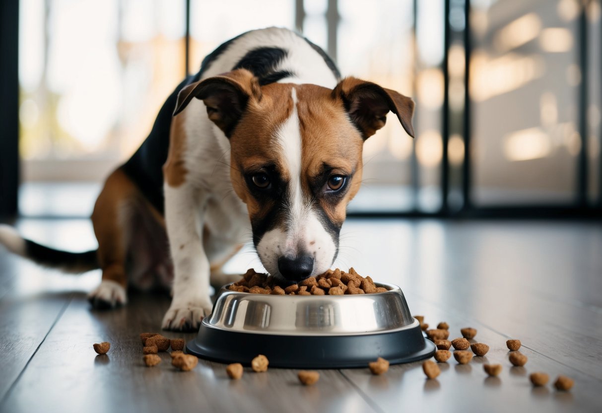A border terrier eagerly devours a bowl of high-quality, balanced dog food, surrounded by a few scattered kibbles on the floor