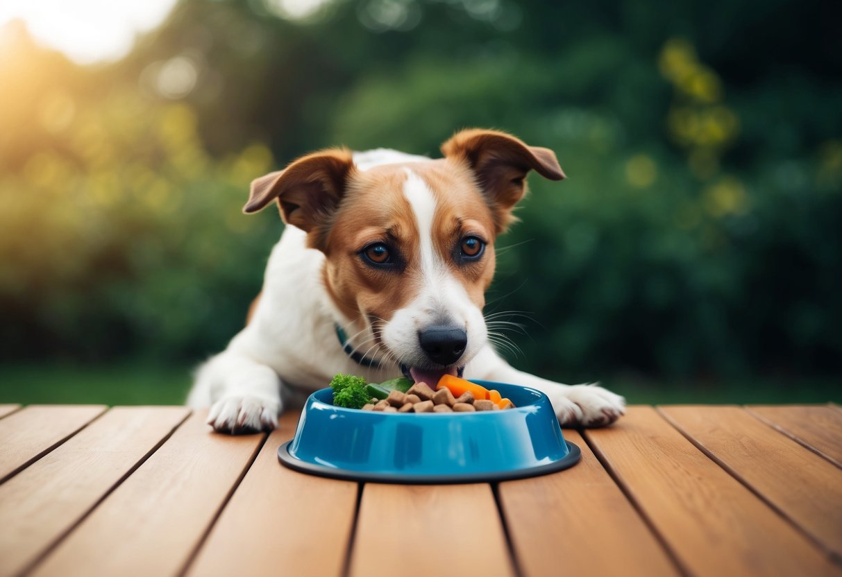 A Border Terrier eagerly eats from a bowl filled with a balanced diet of high-quality dog food, fresh vegetables, and lean protein