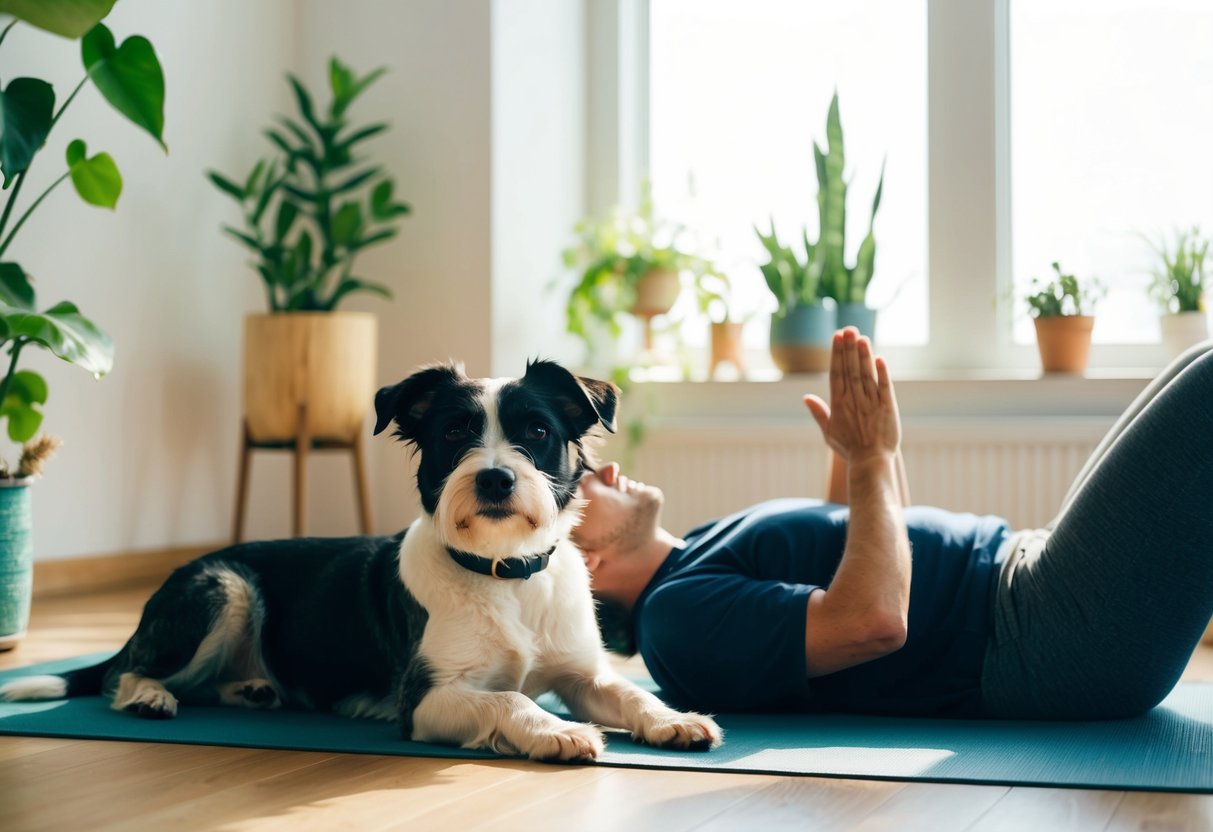 A border terrier lounges contentedly beside a person doing yoga in a sunlit room with plants and calming decor