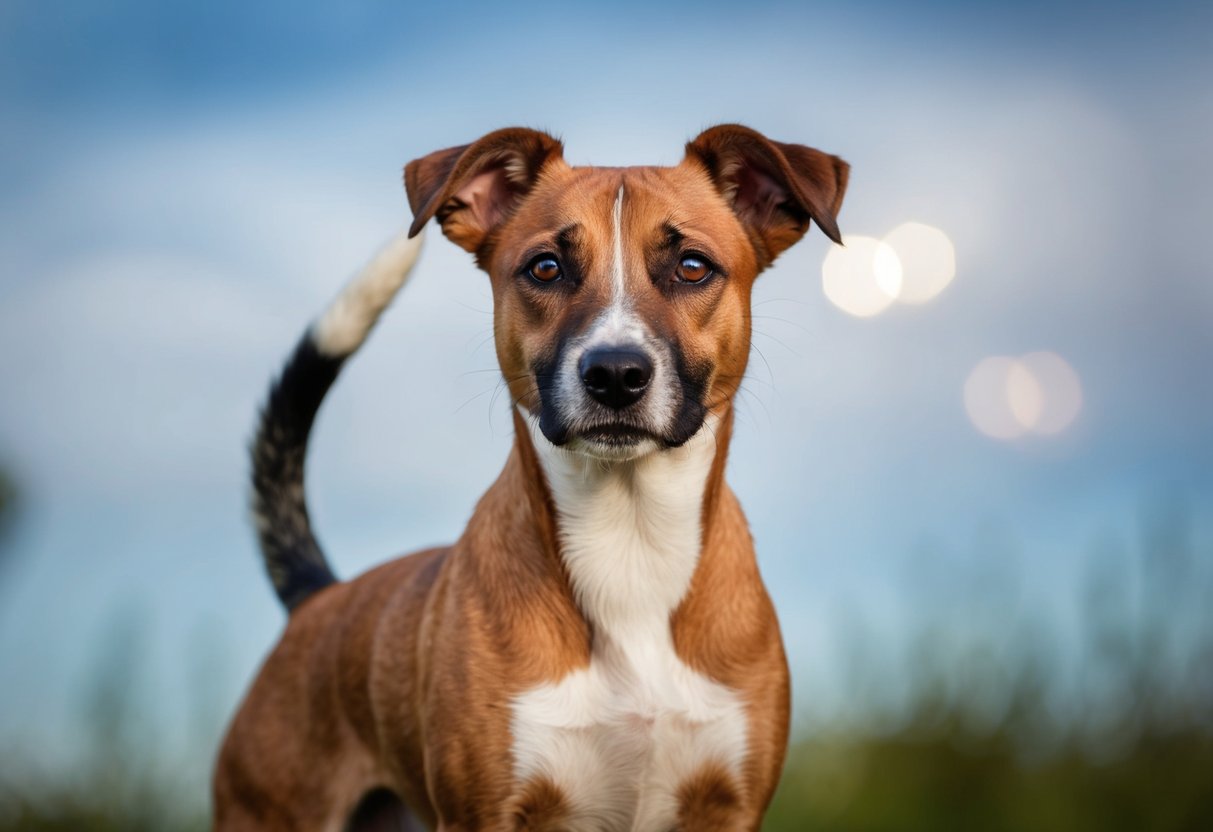 A border terrier stands confidently, ears alert, tail raised. Its gaze is focused and intense, exuding a sense of curiosity and determination