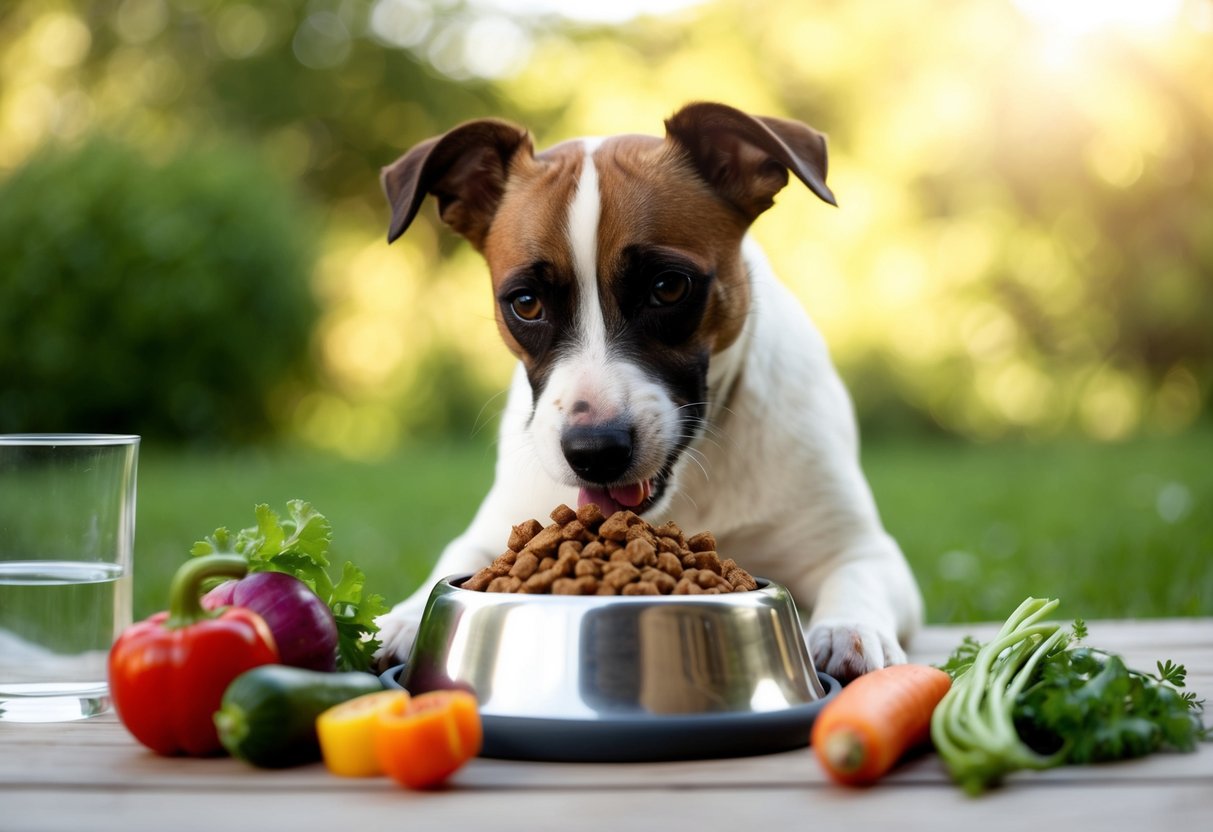 A Border Terrier with a shiny coat eating from a bowl of premium dog food, surrounded by fresh vegetables and a water dish