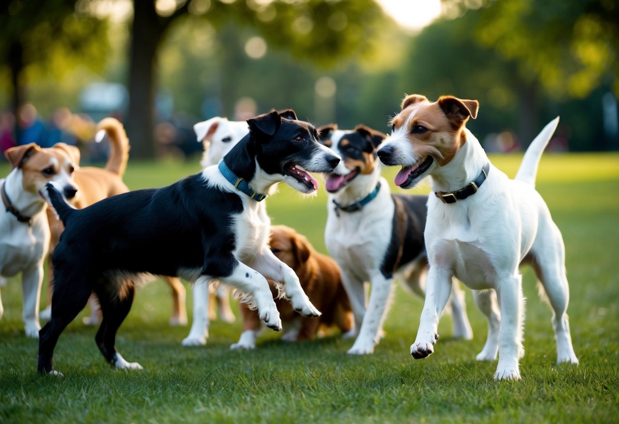Two border terriers playfully interact with a group of other dogs in a park setting