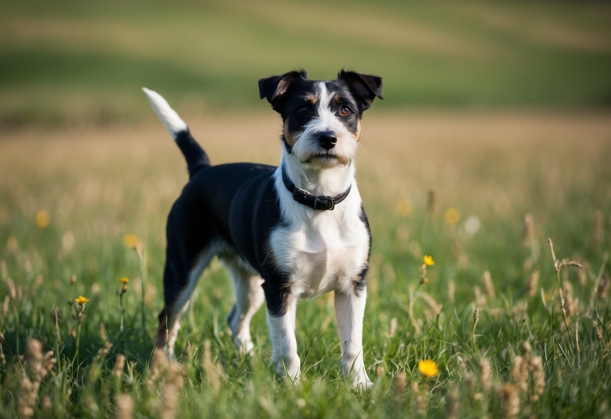 A Border Terrier stands confidently in a field, gazing out with a sense of independence and self-assurance