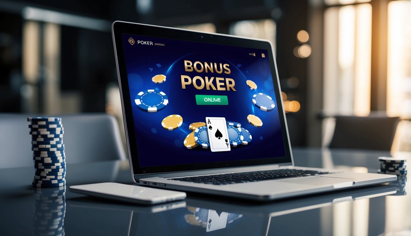 Sebuah layar digital menampilkan permainan poker bonus online dengan chip dan kartu di atas meja yang ramping dan modern