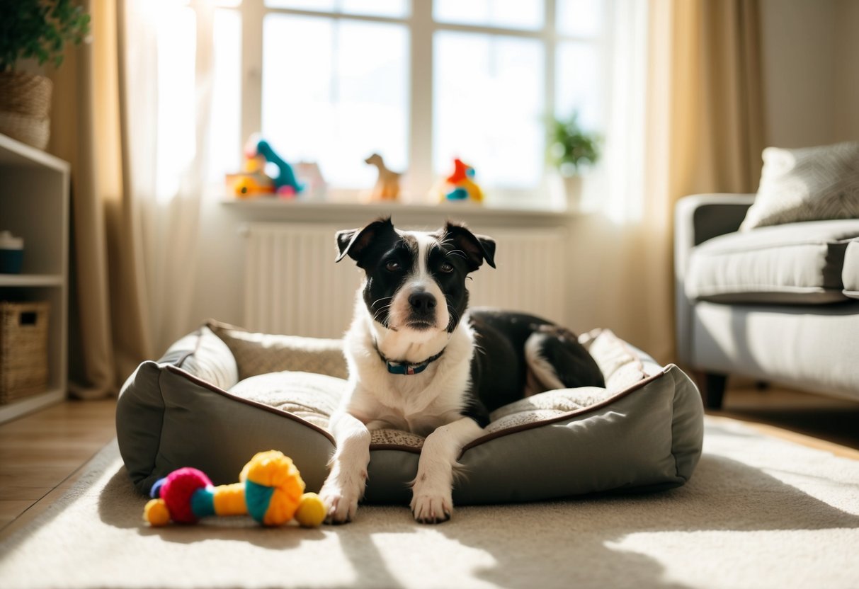 A border terrier lounges contentedly in a cozy living room, surrounded by toys and a comfortable bed. Sunlight streams in through the window, creating a warm and inviting atmosphere