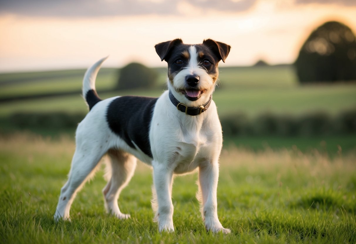A Border Terrier stands confidently alone in a peaceful countryside setting, with a relaxed and content expression on its face