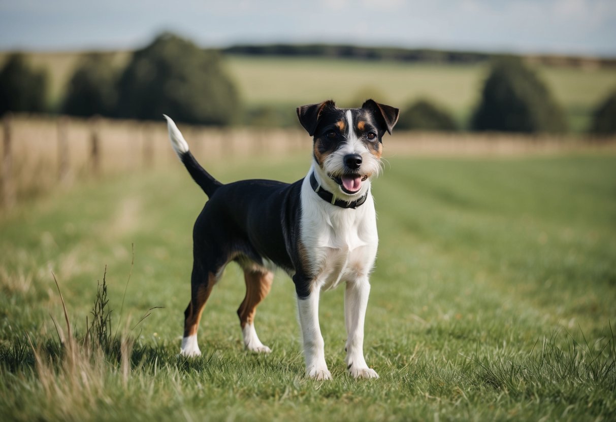 A border terrier stands confidently alone in a peaceful countryside setting, with a wagging tail and alert expression