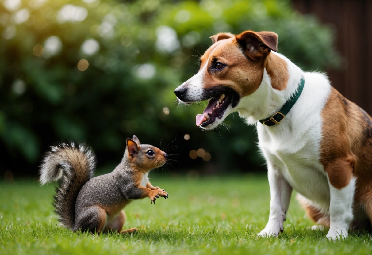 A border terrier barking at a squirrel in a garden
