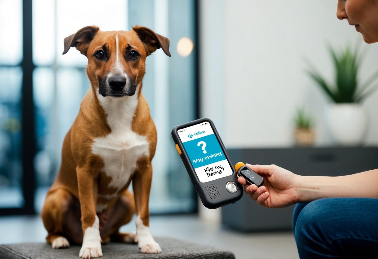 A border terrier sits attentively next to a person holding a training clicker, while a communication device displays a question about barking