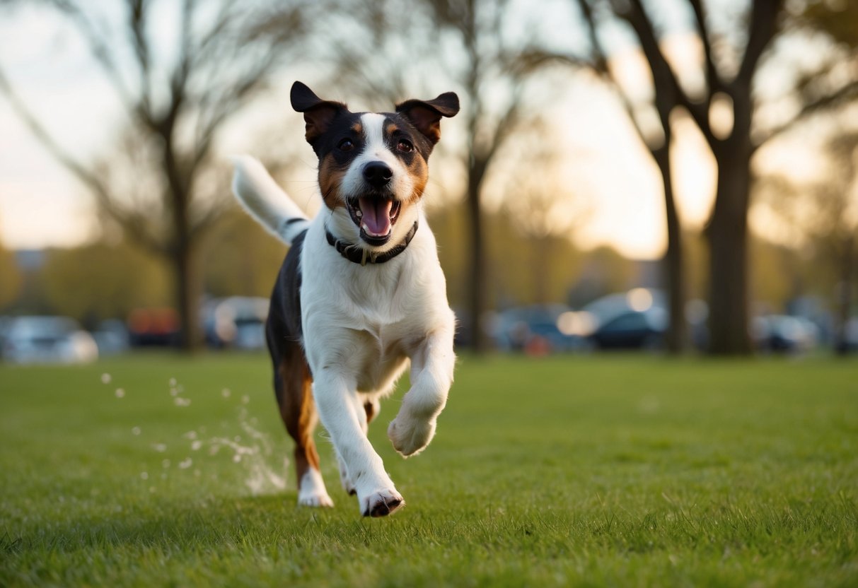 A border terrier barking while running in a park