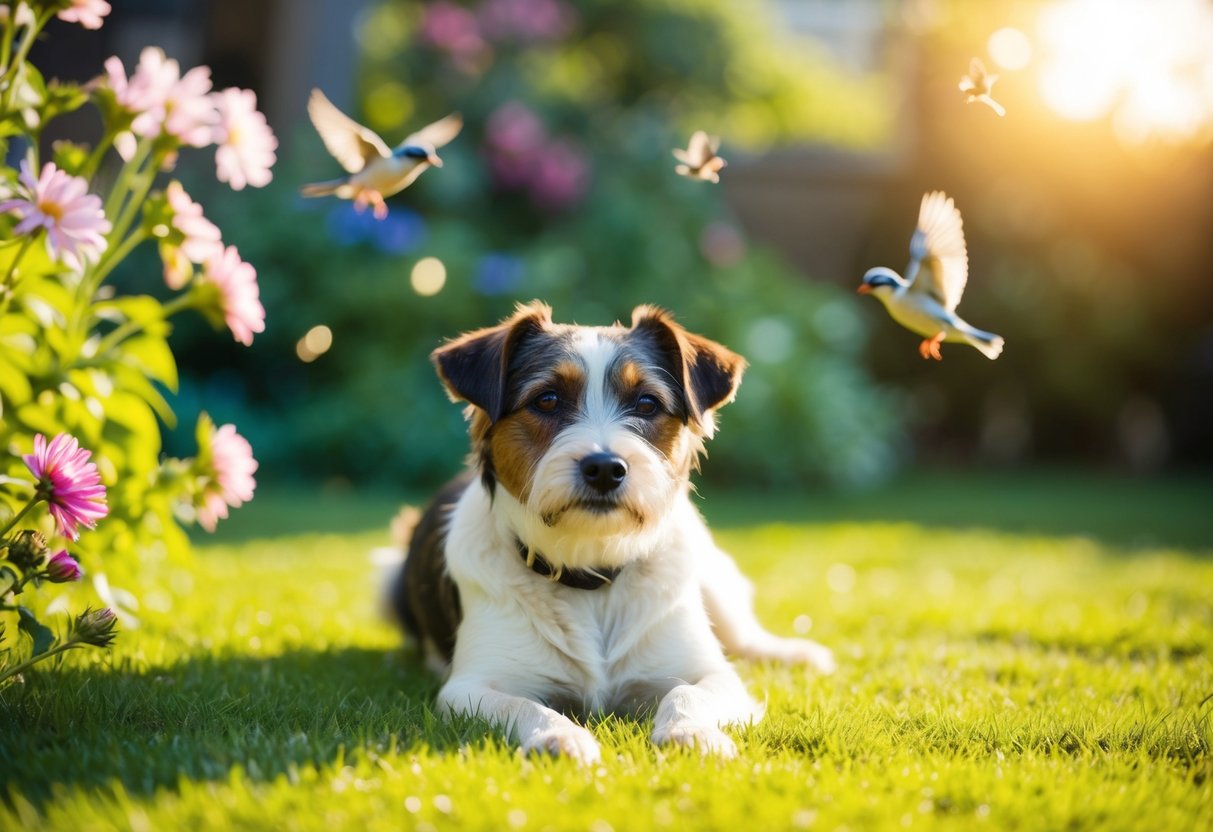 A border terrier lies peacefully in a sunlit garden, surrounded by flowers and chirping birds