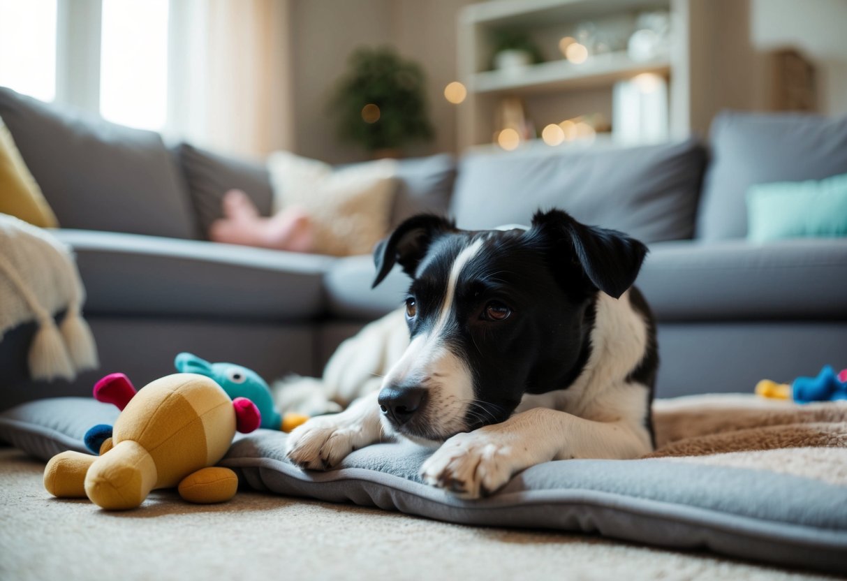A border terrier lies peacefully in a cozy living room, surrounded by toys and blankets. The room is filled with soft lighting and calming colors