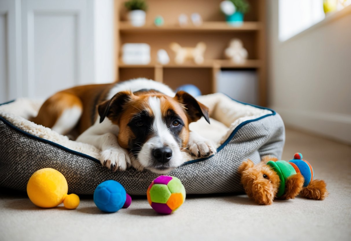 A border terrier peacefully resting at home, surrounded by toys and a cozy bed