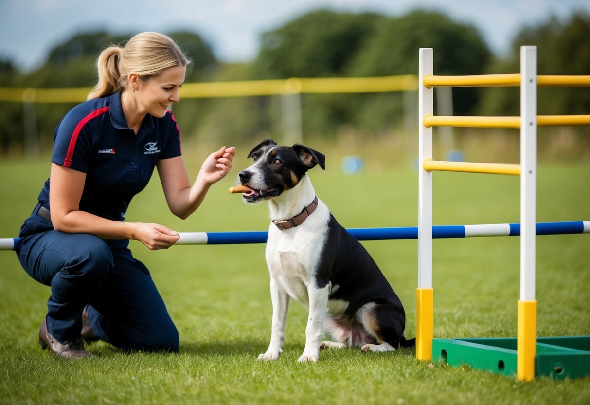 A border terrier sits obediently beside a training obstacle course, while a trainer rewards it with a treat