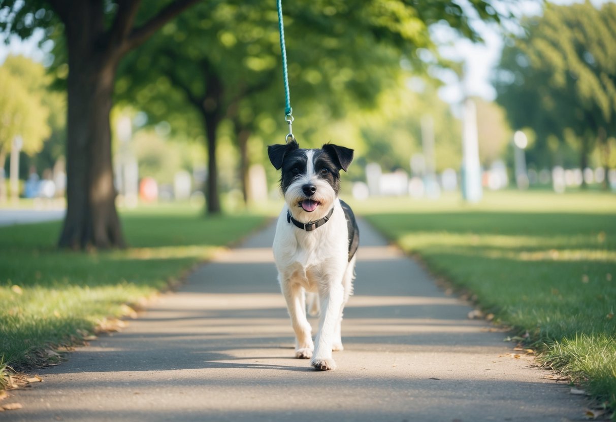A border terrier on a leash, walking through a park with trees and a clear path