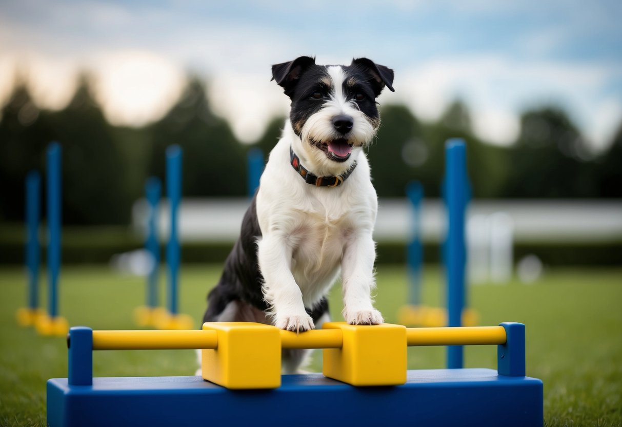 A border terrier confidently performs advanced training exercises, demonstrating their intelligence and capability despite potential health considerations