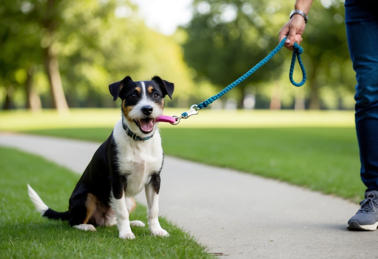 A Border Terrier eagerly awaits a walk, with a leash in its mouth and tail wagging, while its owner prepares to head out for a training session in the park