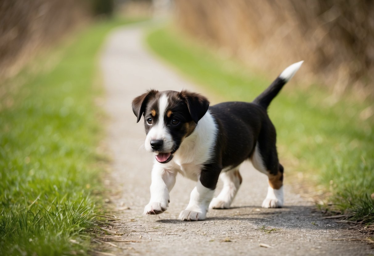 A border terrier puppy walks along a grassy path, exploring the surroundings with curiosity and energy