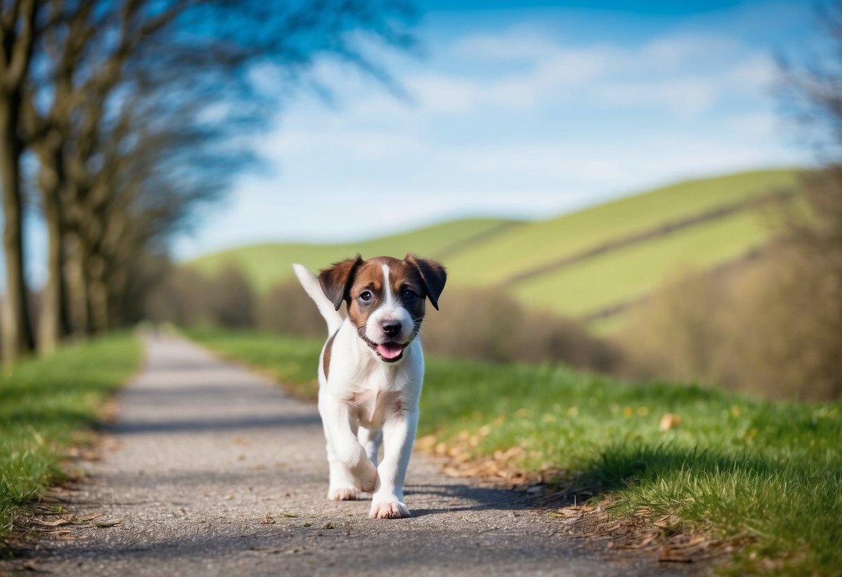 A Border Terrier puppy happily walks along a tree-lined path, with rolling hills in the background and a clear blue sky above