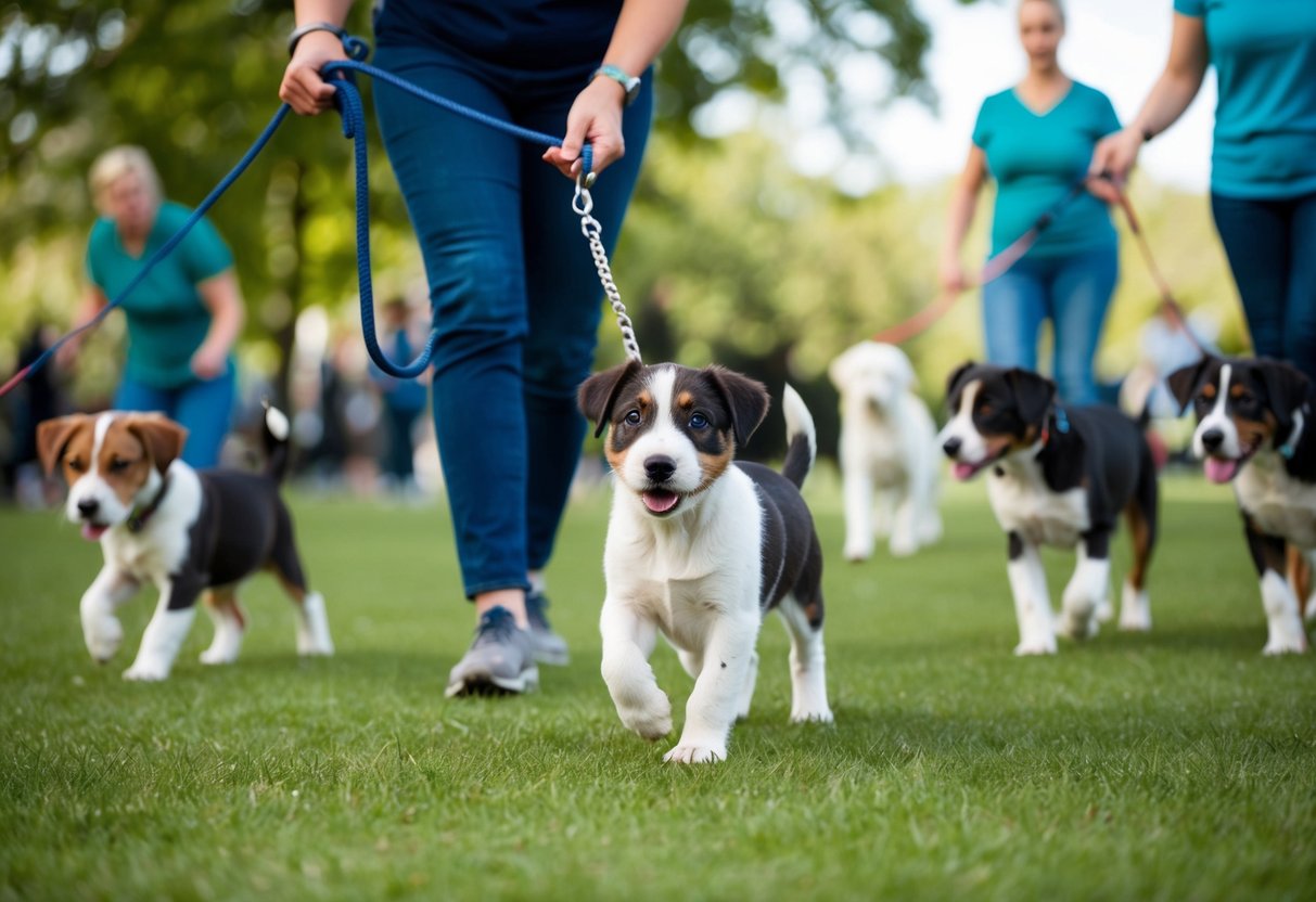 A border terrier puppy walks on a leash in a park, surrounded by other dogs and their owners. A trainer guides the puppy through obedience exercises