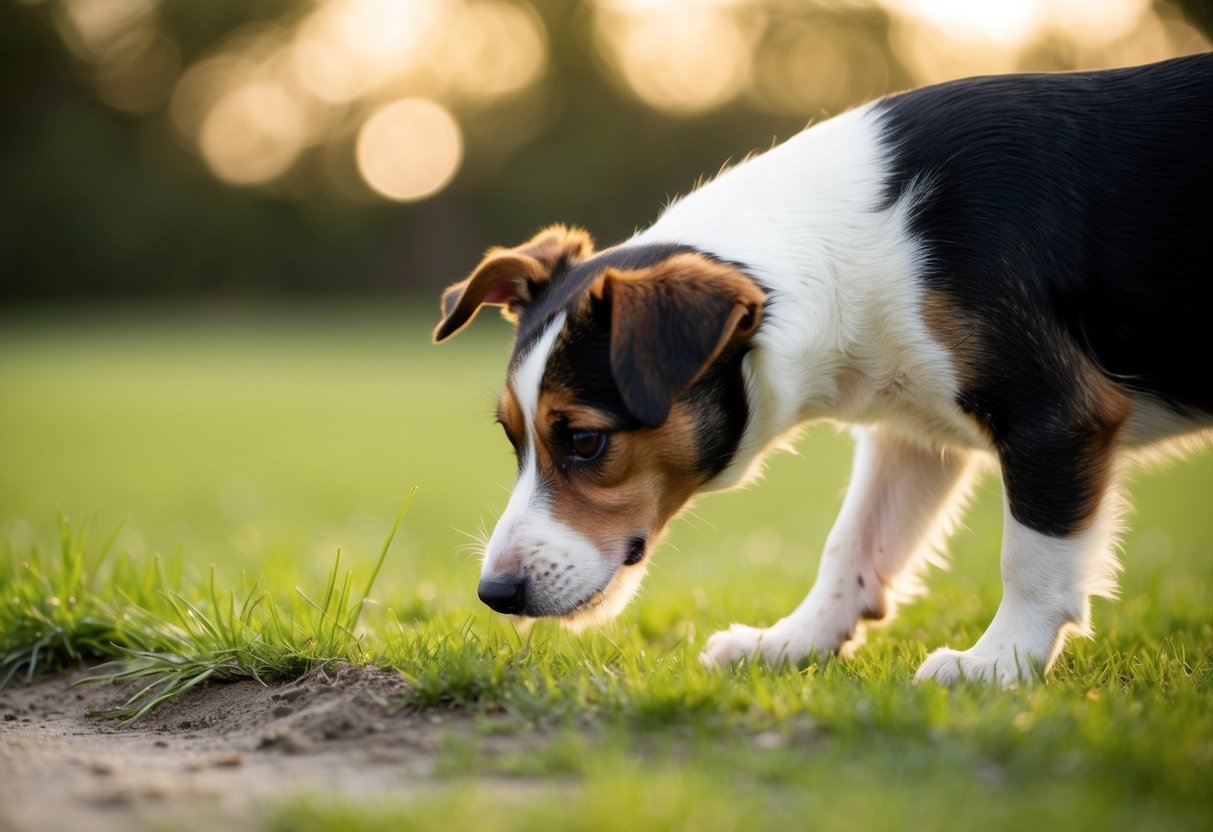 A border terrier sniffs the ground, nose twitching as it investigates a patch of grass. Its tail wags as it detects a scent, ears perked in curiosity