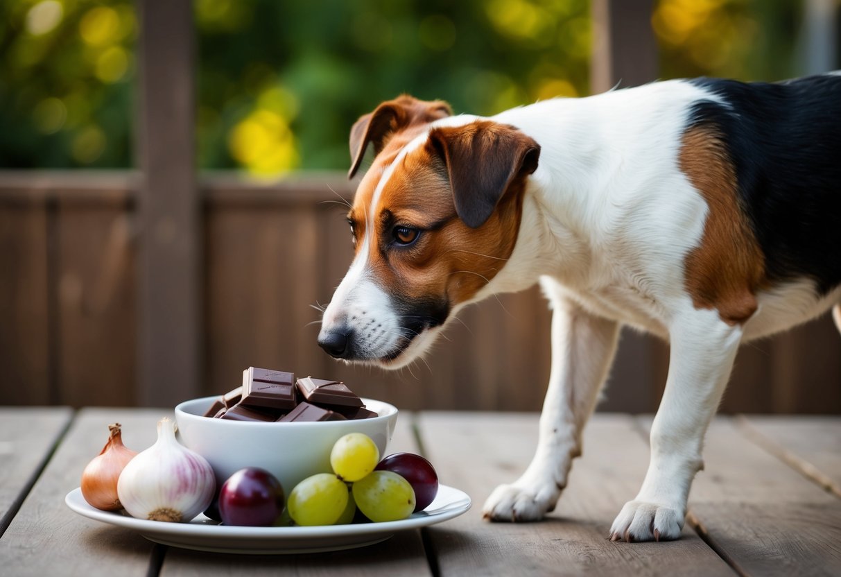 A border terrier turning away from a bowl of chocolate, grapes, onions, and garlic