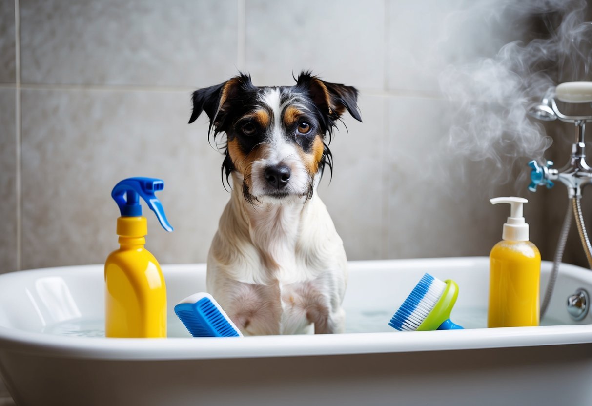 A border terrier stands in a bathtub, surrounded by bottles of dog shampoo and grooming tools. Its fur is wet and soapy, and steam rises from the warm water