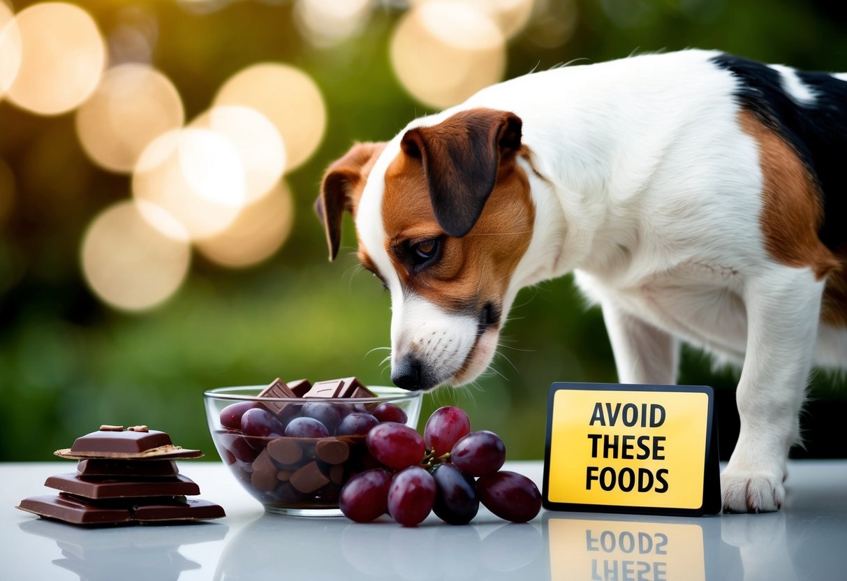 A Border Terrier sniffing at a bowl of chocolate, grapes, and onions, with a sign reading "Avoid These Foods" nearby