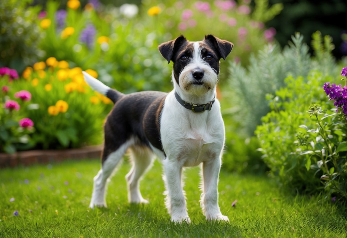 A border terrier standing in a lush garden, surrounded by various scents from flowers, herbs, and freshly cut grass