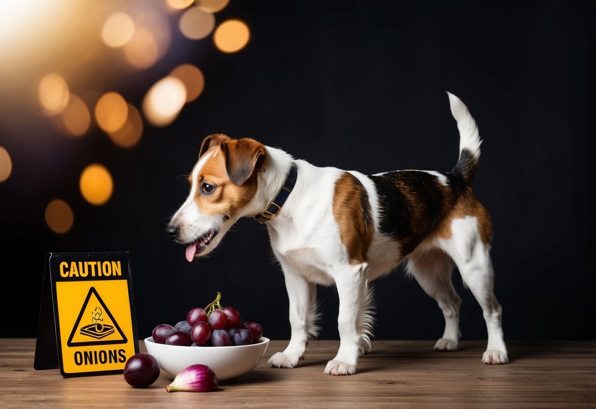 A border terrier turning away from a bowl of chocolate, grapes, and onions, with a caution sign next to them