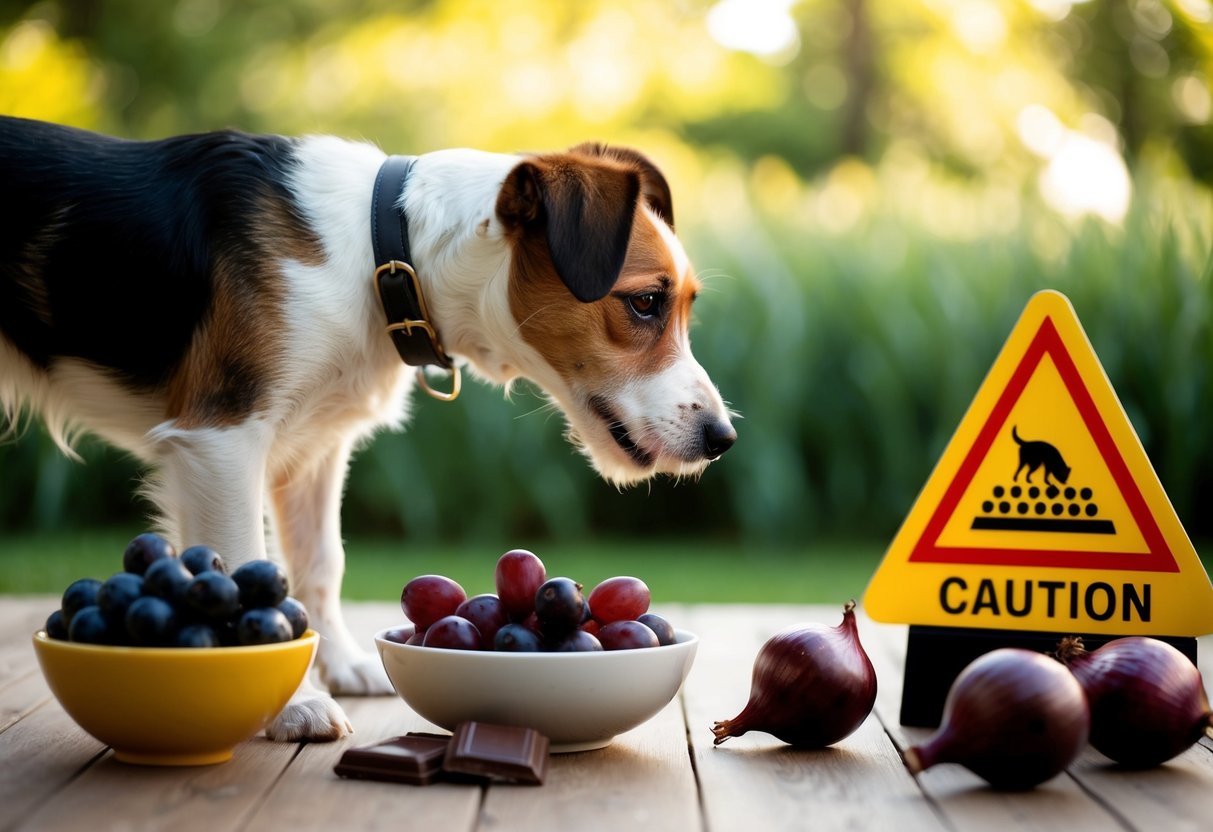 A border terrier turning away from a bowl of grapes, chocolate, and onions, with a caution sign next to it