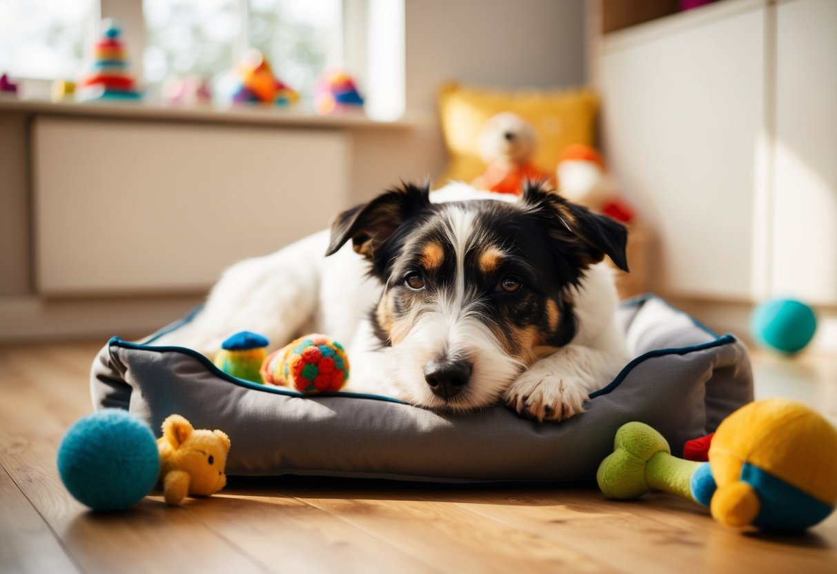 A border terrier rests peacefully in a sunlit room, surrounded by toys and a cozy bed