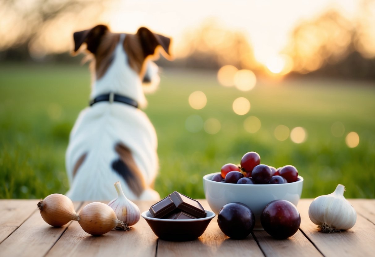A border terrier turning away from a bowl of chocolate, grapes, onions, and garlic