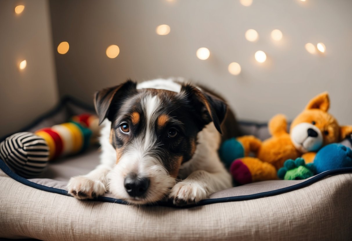 A Border Terrier lying peacefully in a cozy corner, surrounded by toys and a comfortable bed