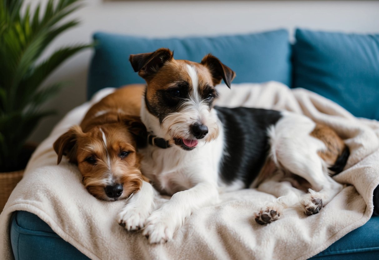 A border terrier snuggles on a cozy blanket with its owner, nuzzling and wagging its tail affectionately