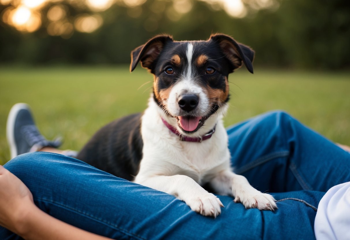A border terrier sits comfortably on a person's lap, looking content and relaxed