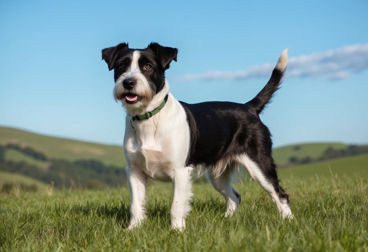 A Border Terrier stands proudly in a grassy field, surrounded by rolling hills and a clear blue sky. Its alert expression and sturdy build exude confidence and independence