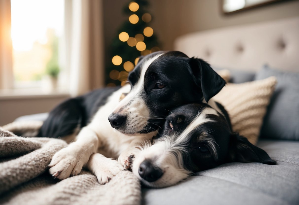 A Border Terrier snuggles up on a cozy blanket with its owner, nuzzling and wagging its tail contentedly