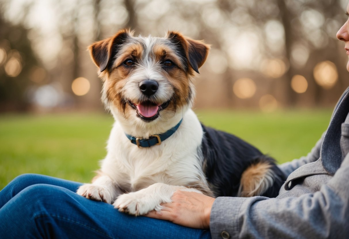 A border terrier with wiry coat and alert expression sits contentedly on a person's lap, showing its friendly and affectionate temperament